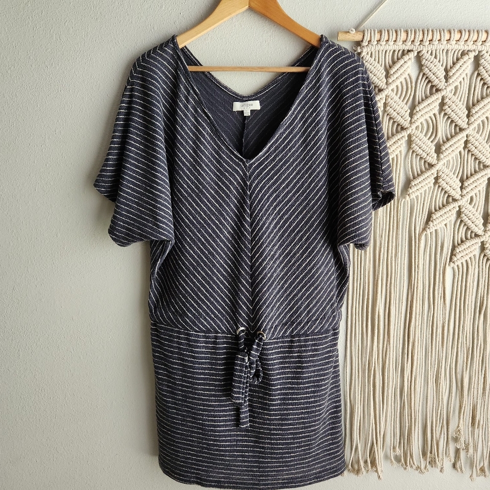 Umgee Navy White Striped Dress | Short Sleeve Casual | Size Large